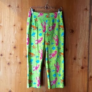 Eric Casual Vintage Lime Green Sea Life Themed Capri Pants